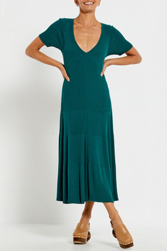 V Neck Short Sleeve Aline Knit Dress in Dark Teal