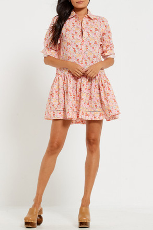 Polo Mini Long Sleeve Dress in Pink Ditsy Floral