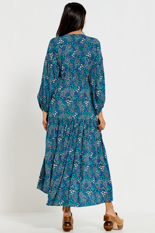 Billow Sleeve Maxi Dress in Navy Blue Ditsy Floral