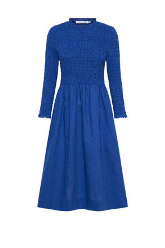 Shirred Long Sleeve Midi Dress in Cobalt