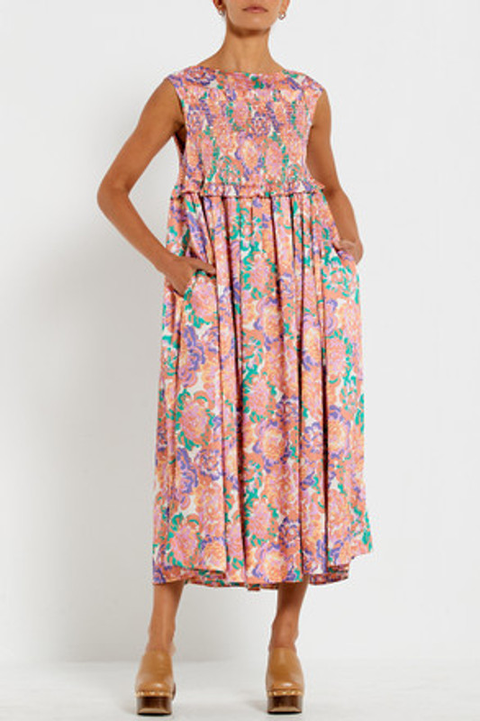 Shirred Bodice Midi Dress in Peony Floral