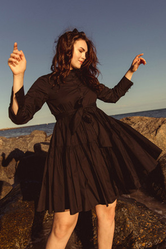 Band Collar Fit and Flared Knee Length Shirt Dress in Black