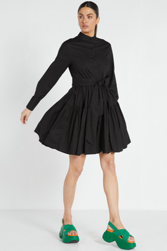 Band Collar Fit and Flared Knee Length Shirt Dress in Black