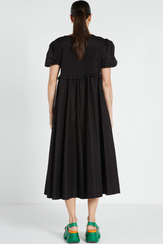 Shirred Yoke Midi Dress with Puff Sleeve in Black