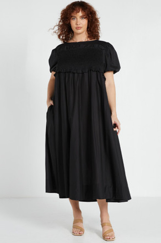 Shirred Yoke Midi Dress with Puff Sleeve in Black