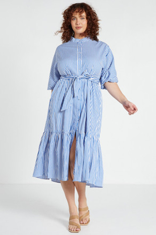 Dolman Midi Shirt Dress in Blue/White Stripe