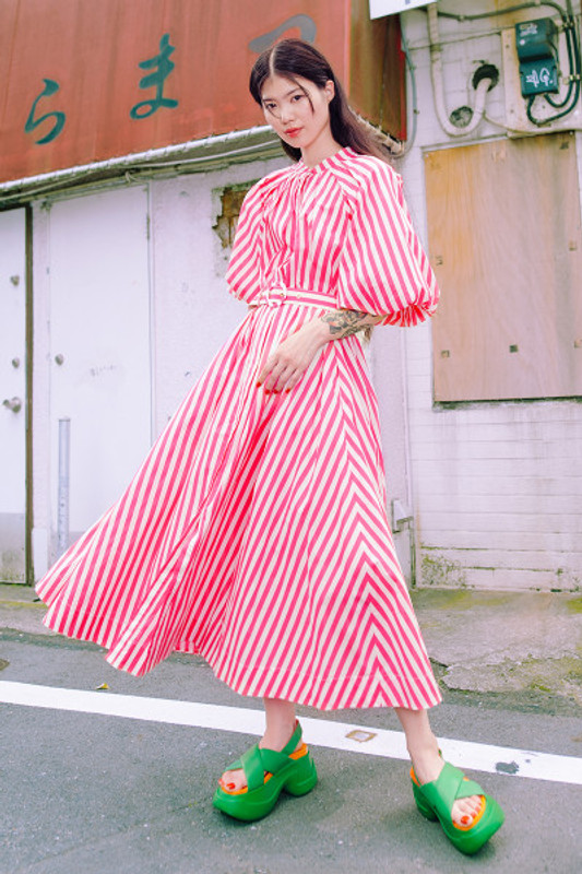 Pleated Neck Midi Dress in Pink