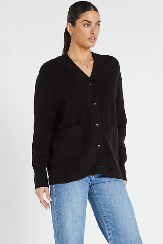 Wool Blend V-Neck Cardigan with Patch Pockets in Black