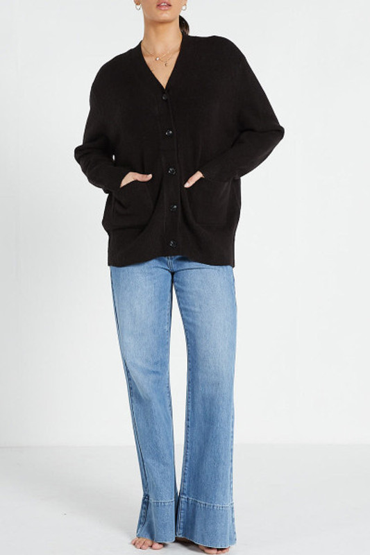 Wool Blend V-Neck Cardigan with Patch Pockets in Black