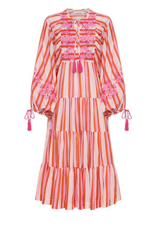 Boho Midi Dress in Pink Multi Stripe
