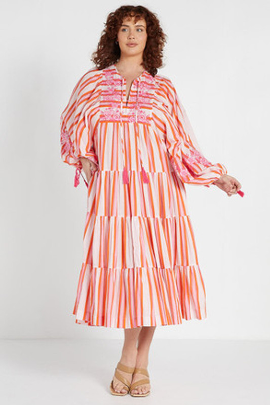 Boho Midi Dress in Pink Multi Stripe
