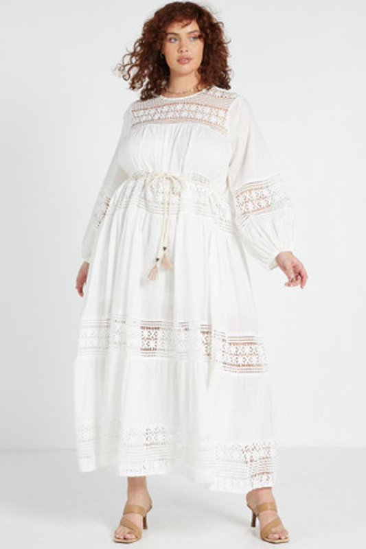 Lace Tiered Maxi Dress in White