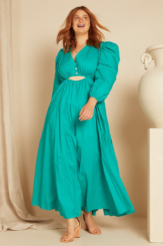 V Neck Cut Out Maxi Dress in Teal