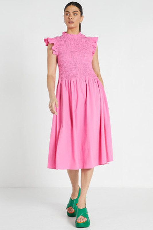 Shirred Midi Dress in Pink