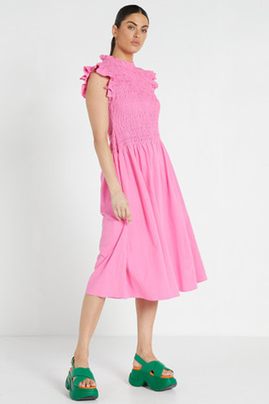 Shirred Midi Dress in Pink