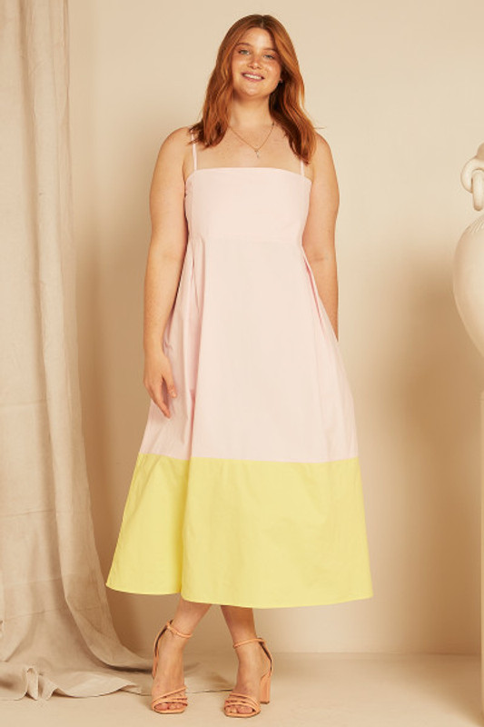 Apron Midi Slip Dress in Lemon / Pink Splice