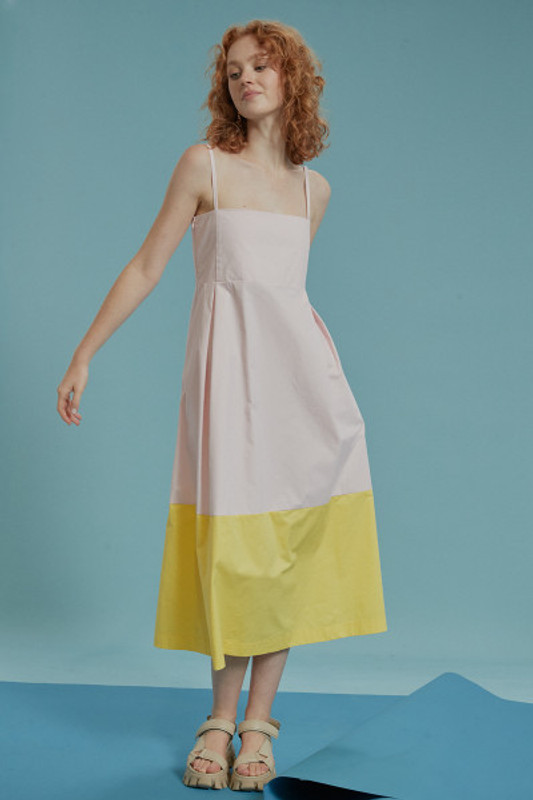 Apron Midi Slip Dress in Lemon / Pink Splice