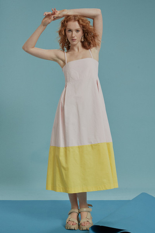 Apron Midi Slip Dress in Lemon / Pink Splice
