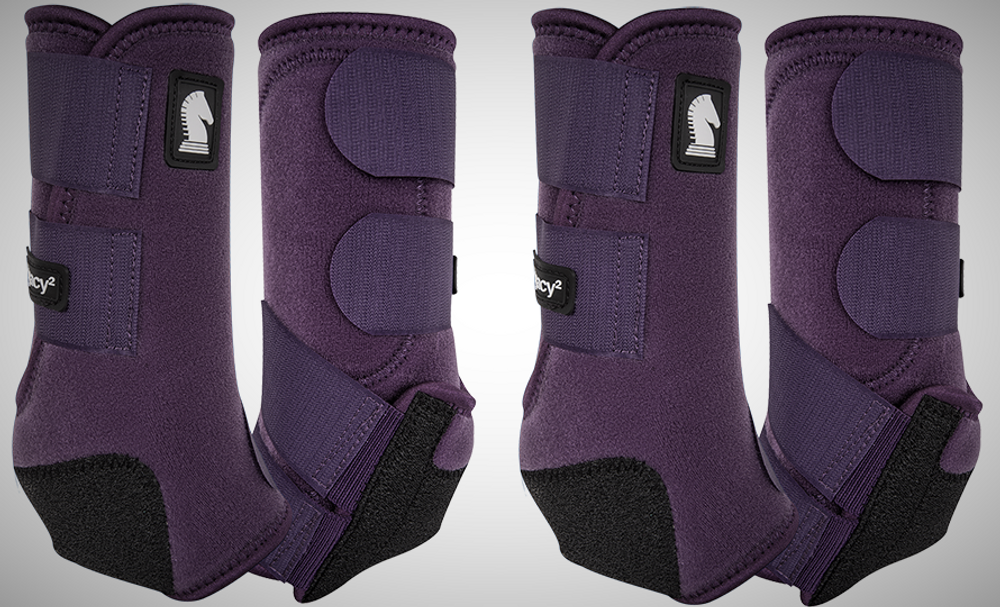 Eggplant (replaced purple) Classic Equine Legacy2 Front & Hind Support Boots. Made of 100% virgin perforated neoprene that allows the leg to breathe and heat to escape so your horse's legs stay cooler. A patented Cradle Fetlock System provides maximum support and protection to the lower limb by a double layer of shock absorbing neoprene. An extended layer of tough, bulletproof material fitted on the cup area ensures durability.
