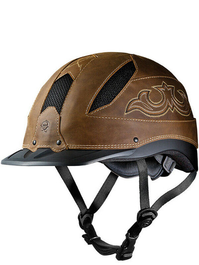 This is our favorite Troxel helmet and the one we personally use.  The Troxel Cheyenne in brown.  This is a top of the line Troxel Helmet and uses SureFit Pro and FlipFold technology.  Provides a low profile, sleek look.  incorporates six mexh covered vents and is ASTM/SEI certified.