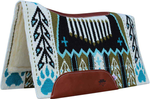 BearPaw Juniper;  Custom designed New Zealand wool hand-woven blanket top. Contoured with leather reinforced spine and wither. Air Ride shock-absorbing insert for impact protection and comfort. 3/4" core. High-quality merino wool bottom protects and wicks away moisture.
