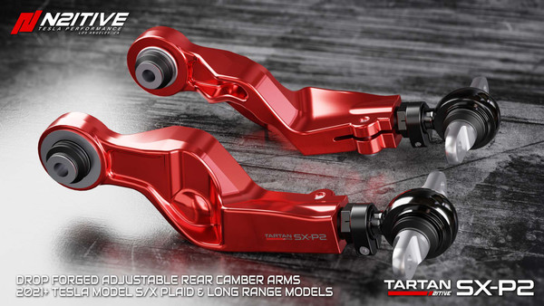 N2itive TARTAN SX-P2 2021+ Tesla Model S/X PLAID & LR (Matt Red Anodized) Forged Adjustable Rear Upper Camber Arms (1 PAIR)