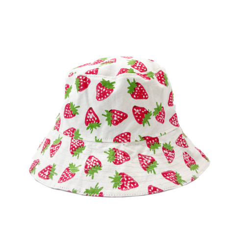 Block-Printed Canvas Strawberries Bucket Hat