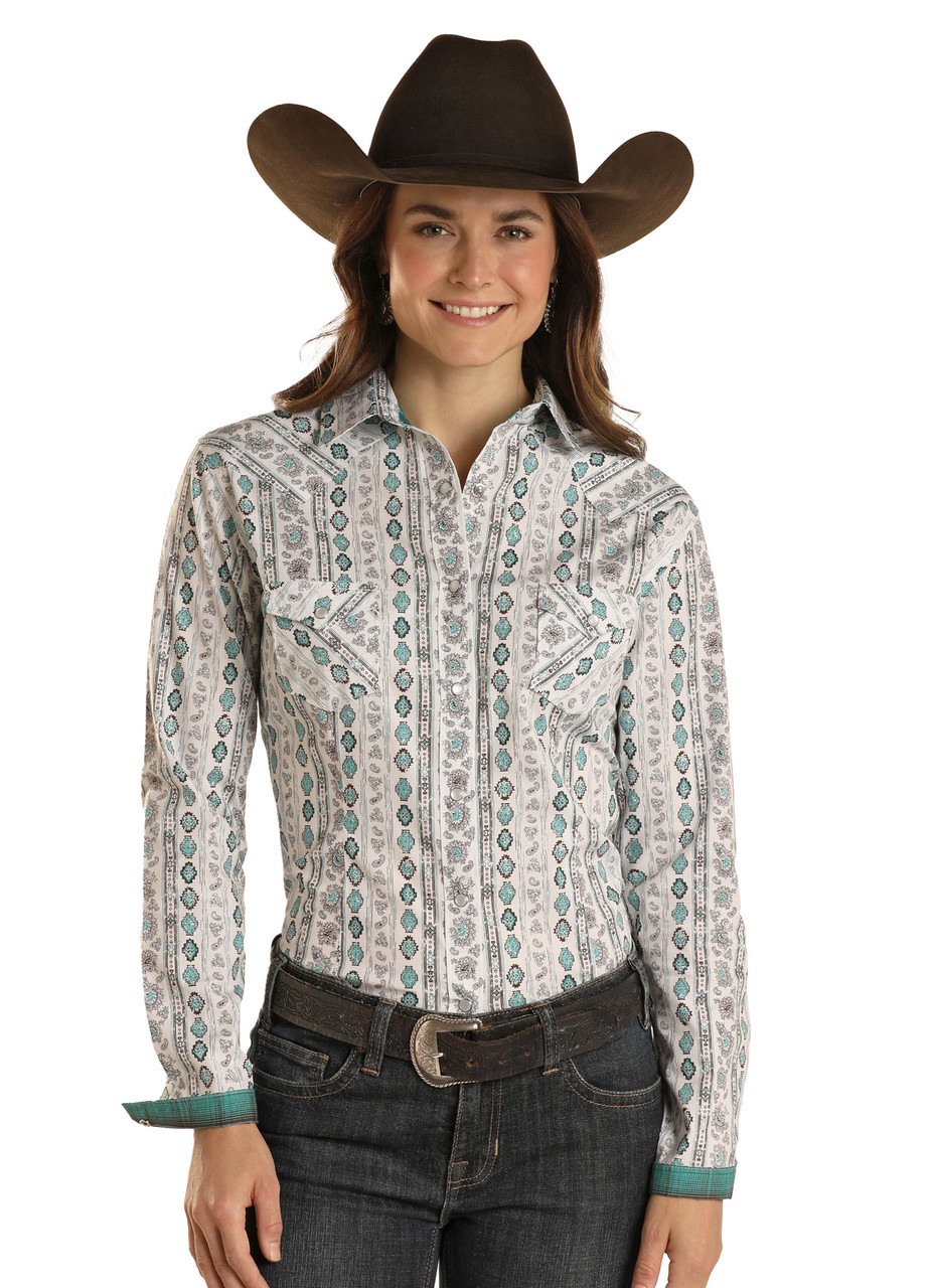 Rock & Roll Cowgirl Women's Aztec Print Long Sleeve Snap Shirt