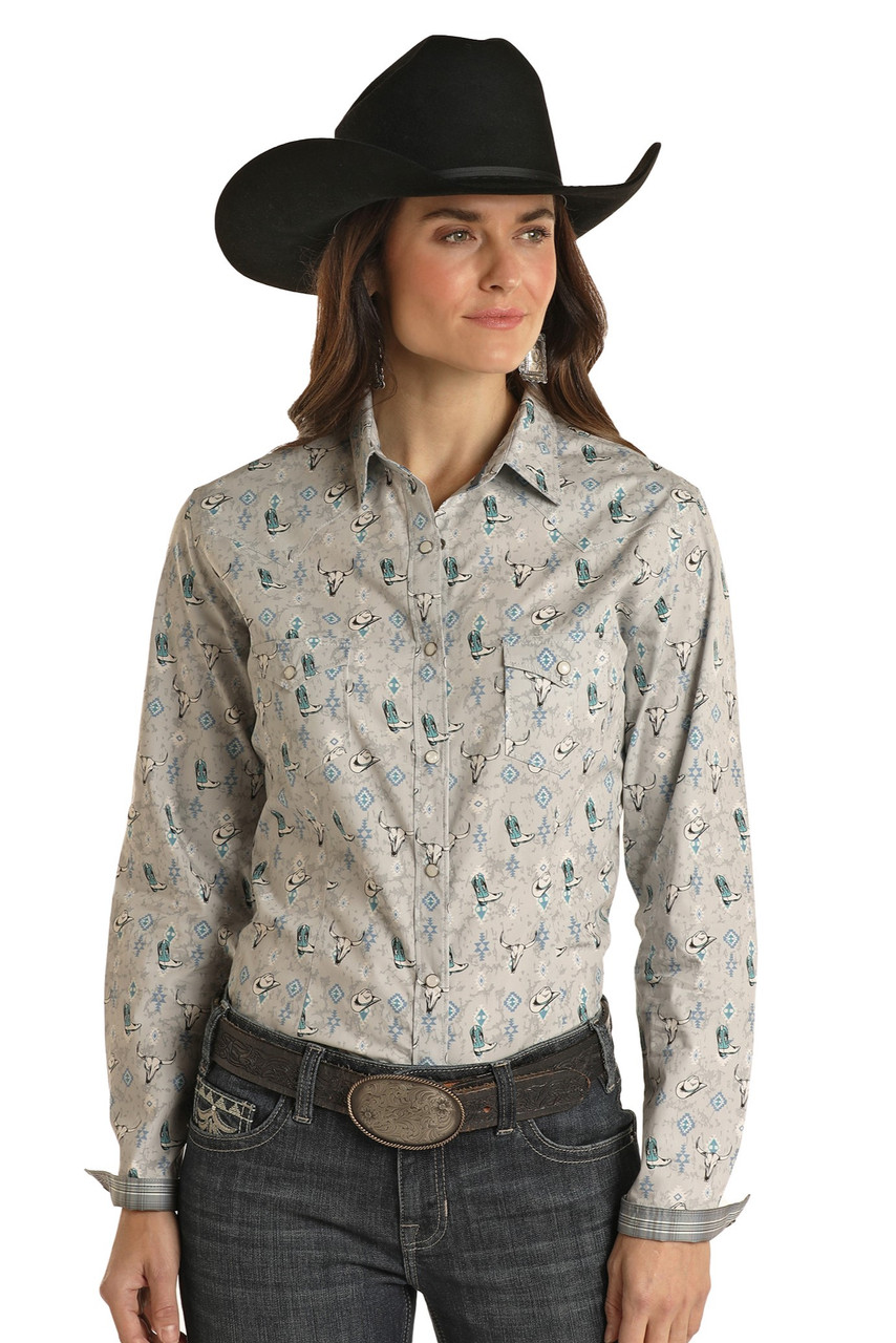 Women's Western Print Long Sleeve Snap Shirt - Grey | Rock and Roll Denim