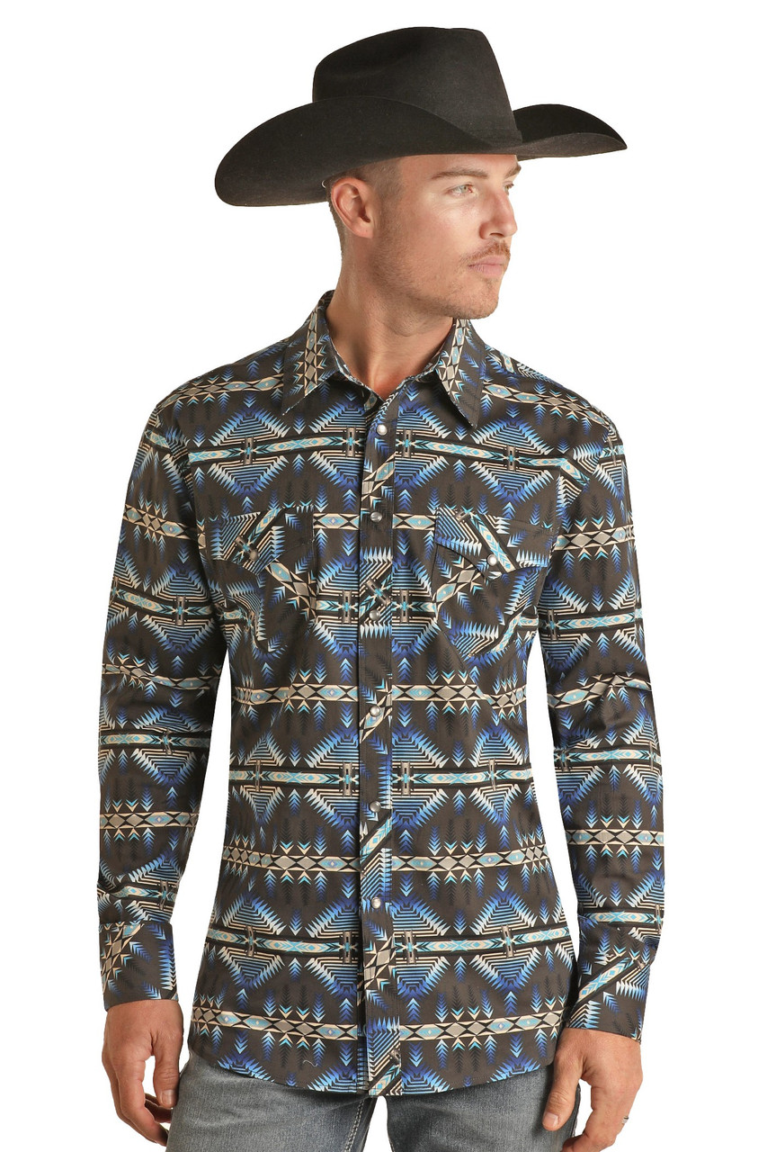 Men's Slim Fit Aztec Print Long Sleeve Snap Shirt - Navy | Rock and ...