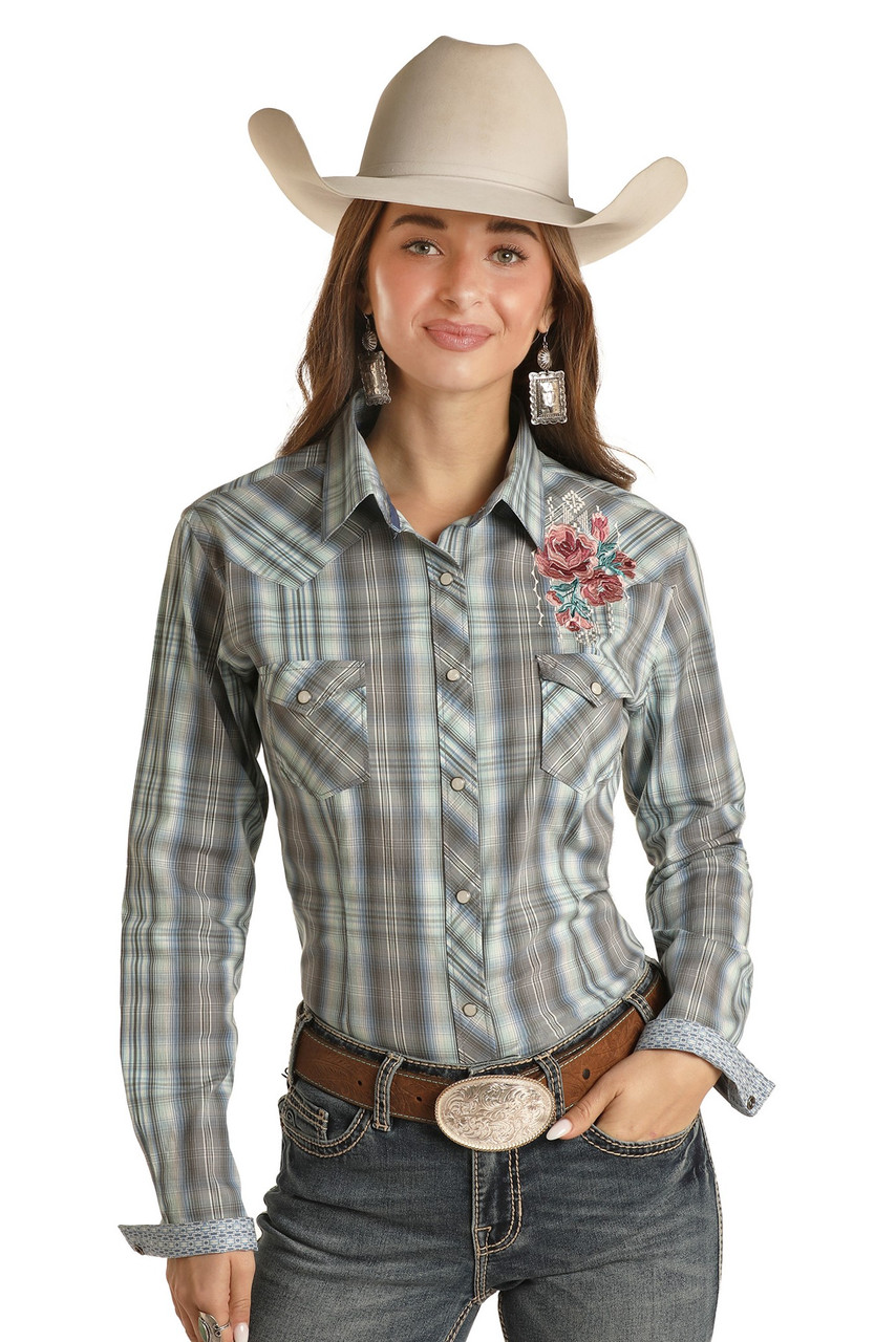 Embroidered Plaid Long Sleeve Snap Shirt (RWN2S02210)