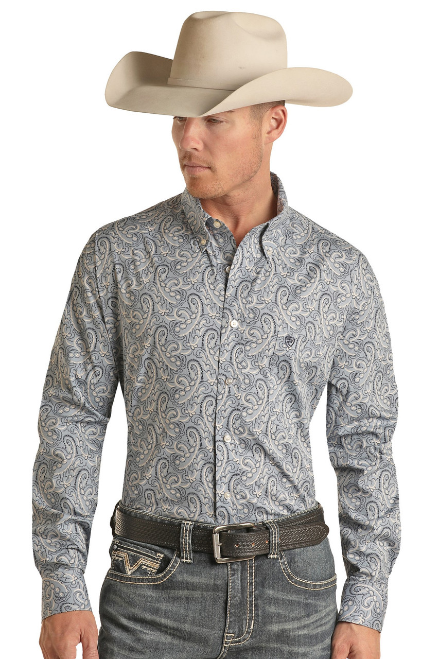 Men's Classic Fit Paisley Long Sleeve Button Shirt in Blue | Rock and ...