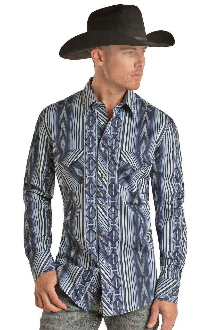 Men's Slim Fit Aztec Print Long Sleeve Snap Shirt in Blue | Rock and ...