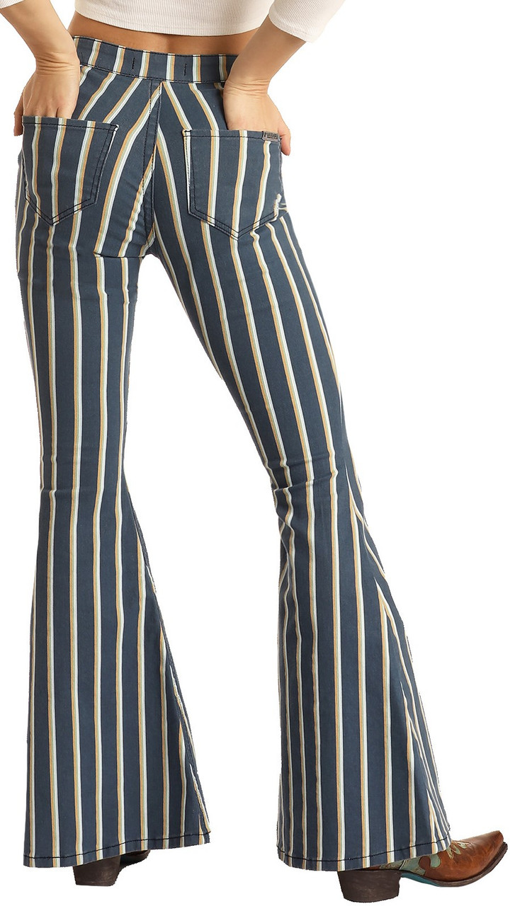 Button Bells High Rise Stretch Striped Flare Jeans #WPB2674