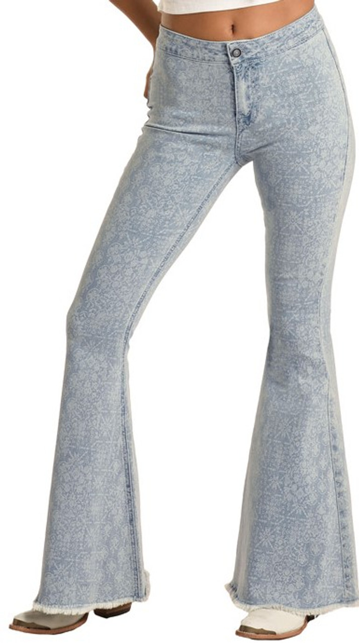 Regular Ladies Grey Bell Bottom Denim Jeans, Button And Zipper at