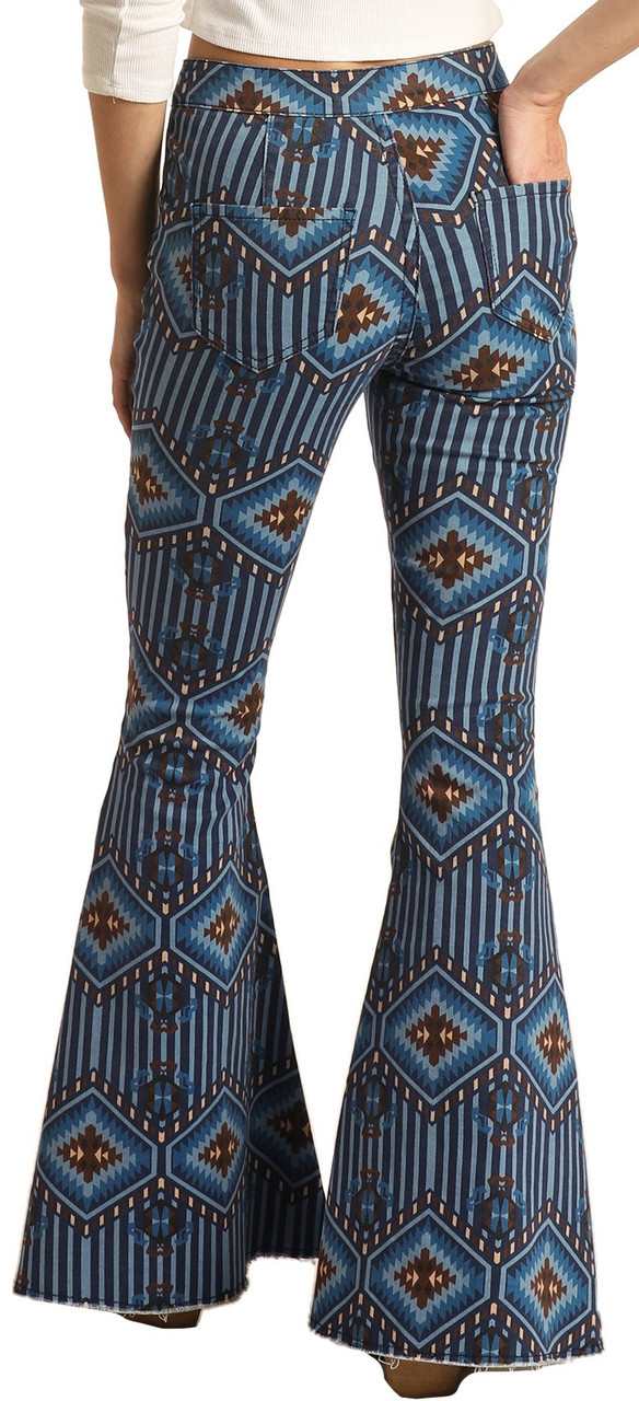 Women's Button Bells High Rise Stretch Aztec Flare Jeans #WPB3513 ...