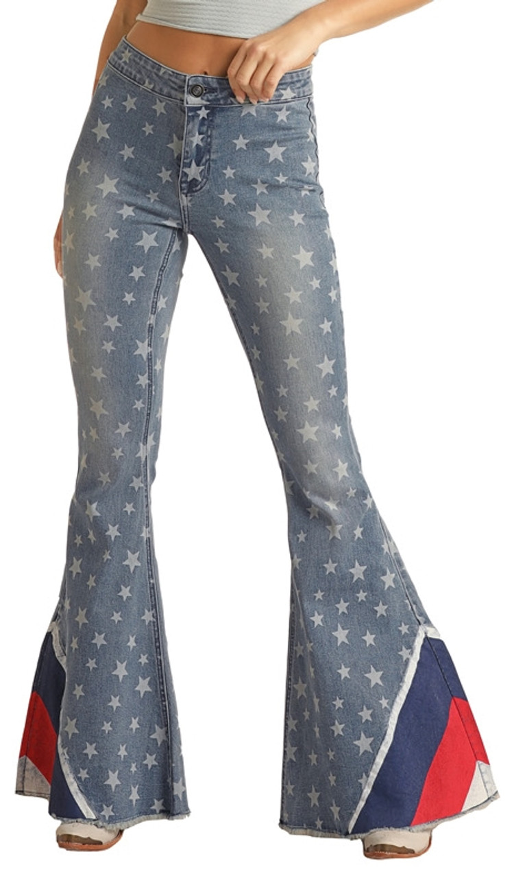 Product Name: Rock & Roll Denim Women's Medium Wash High Rise Star Print  Flare Jeans