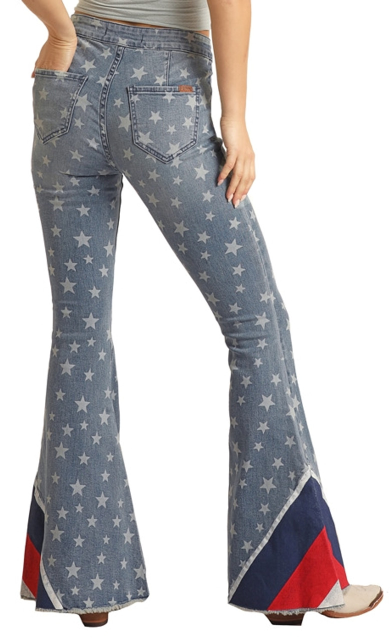 Women's Button Bells High Rise Extra Stretch Star Flare Jeans | Rock ...