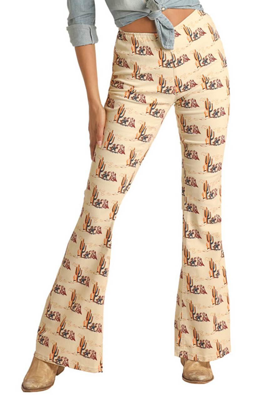 Women's Bargain Bells High Rise Stretch Desert Print Pull-On Flare Jeans