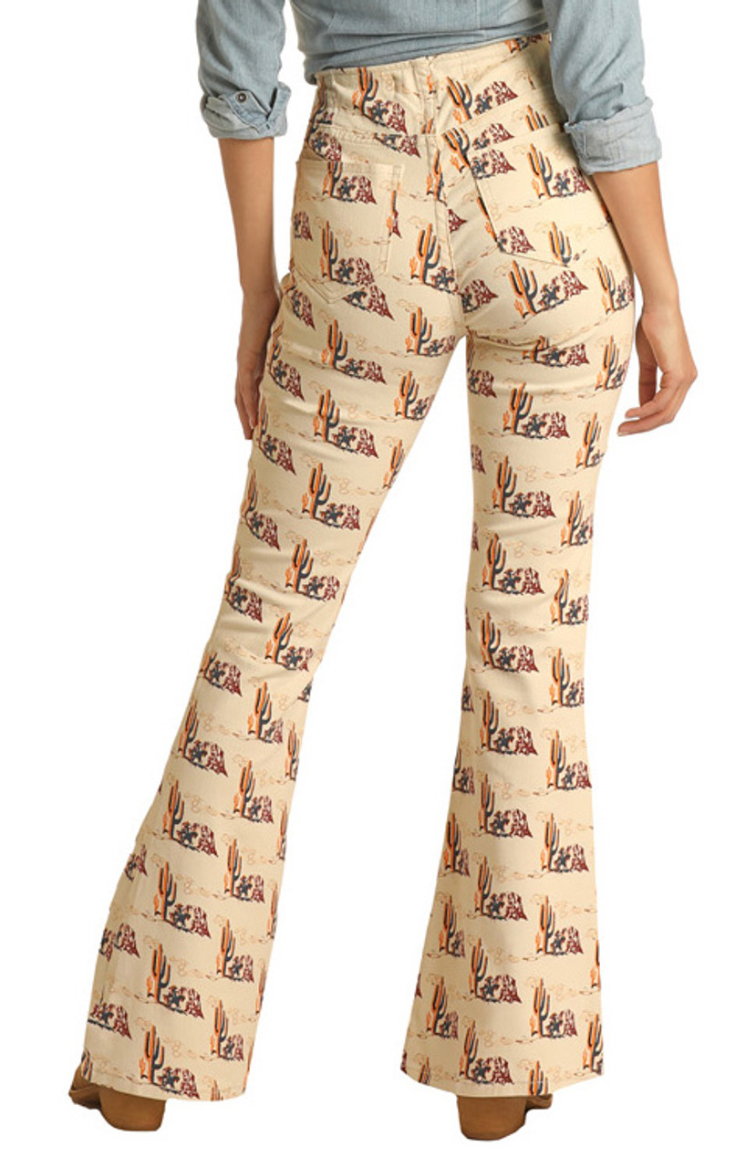 Women's Bargain Bells High Rise Stretch Desert Print Pull-On Flare Jeans