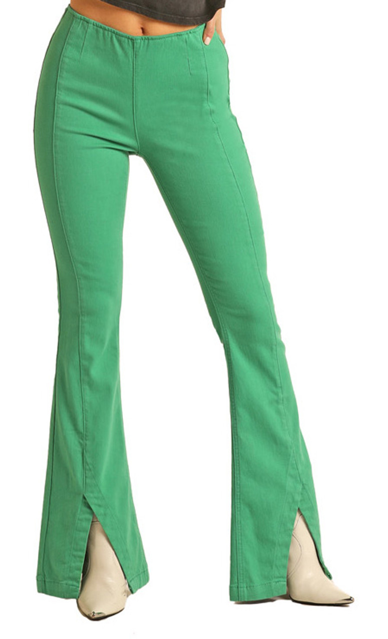 Women's Bargain Bells High Rise Stretch Kelly Green Pull-On Flare Jeans