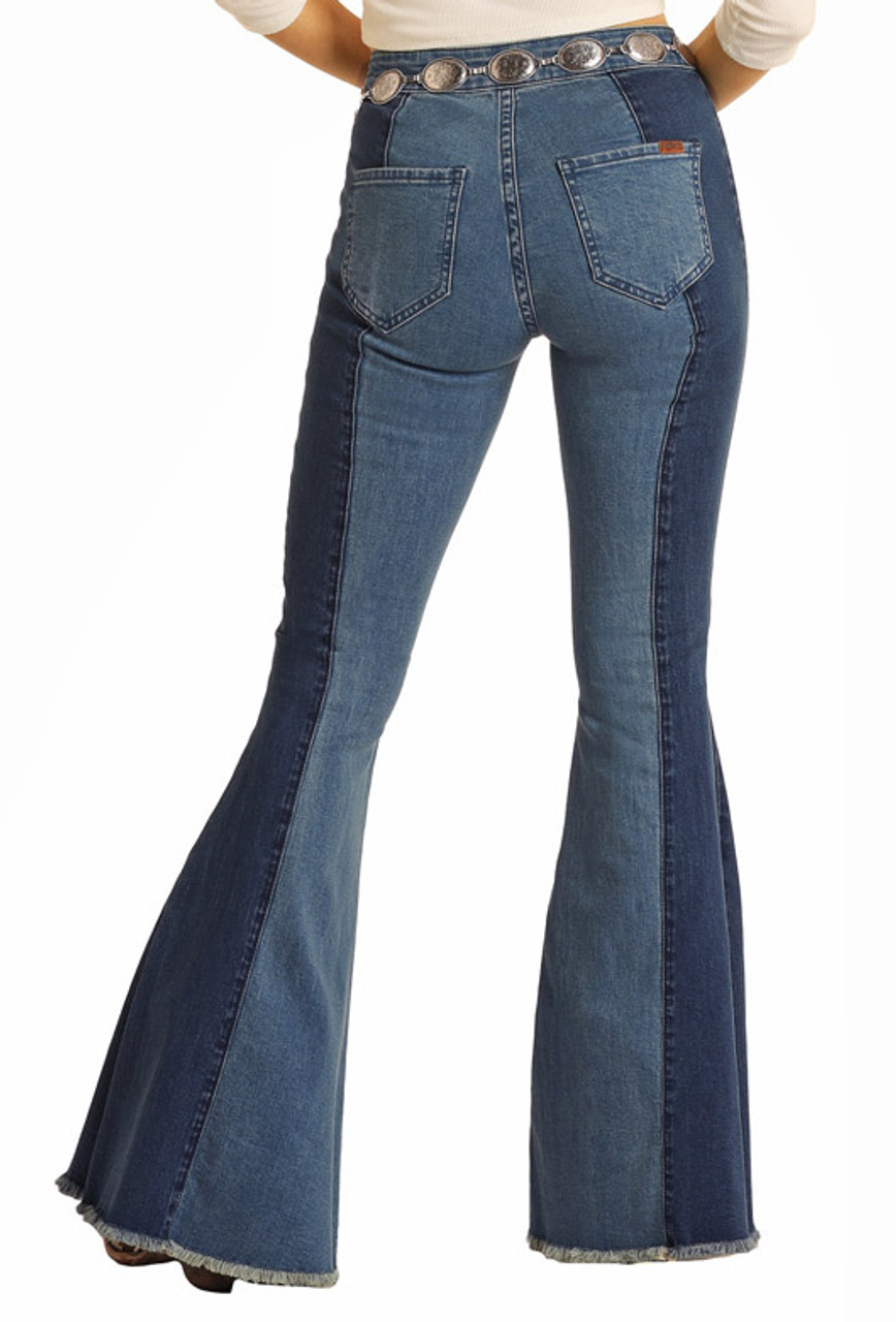 Women's Button Bells High Rise Extra Stretch Two Tone Jeans | Rock and ...