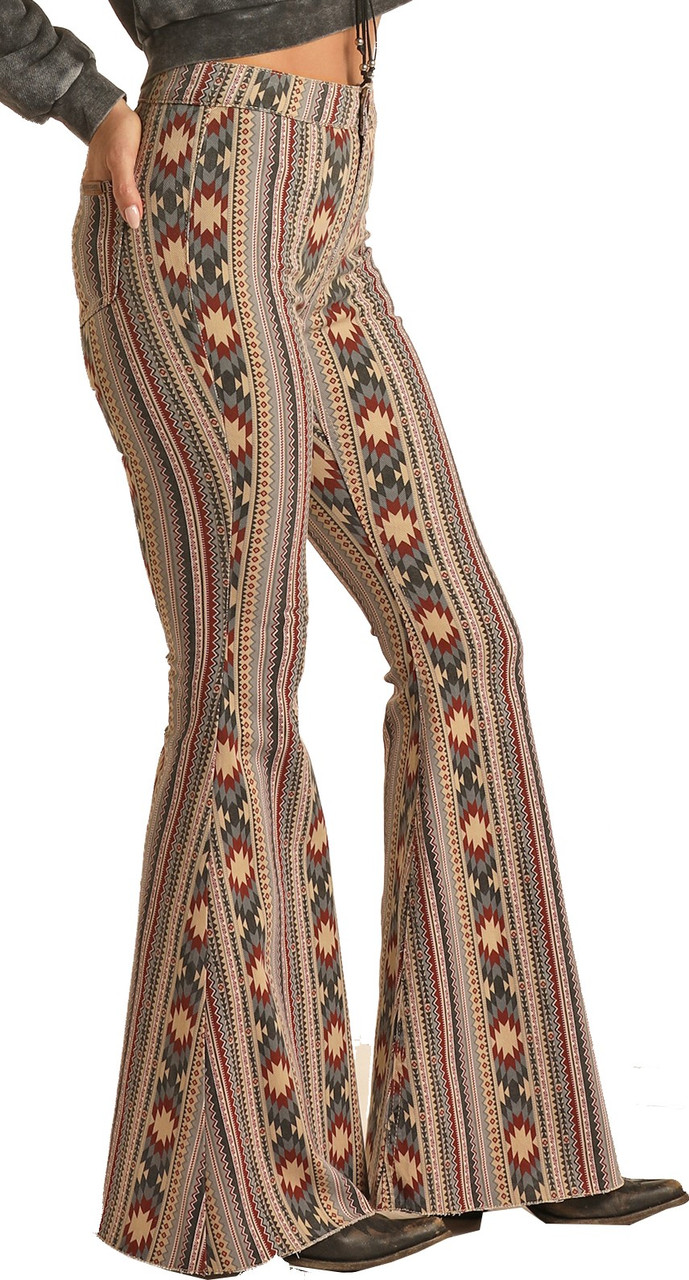 High Rise Stretch Tan Aztec Bell Bottom Jeans
