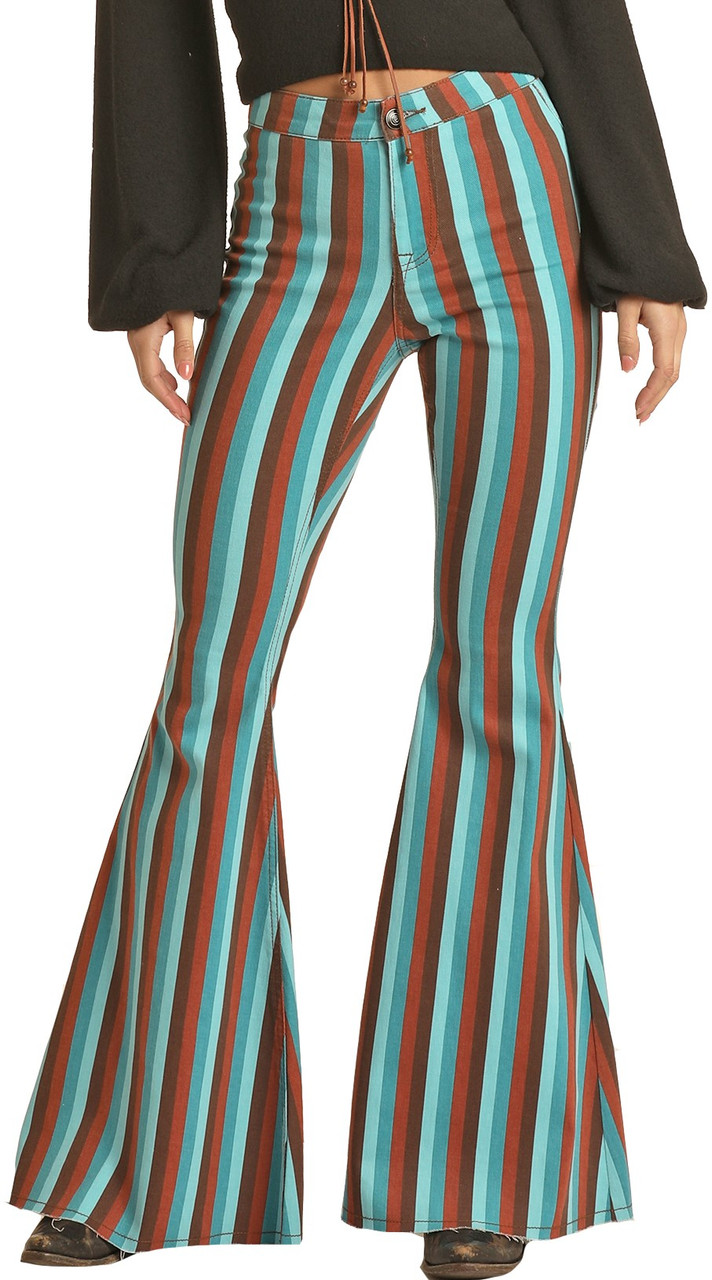 Women's High Rise Stretch Turquoise Striped Bell Bottom Jeans