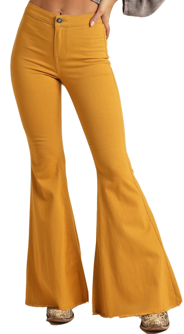 Women's High Rise Stretch Mustard Bell Bottom Jeans and Roll Denim