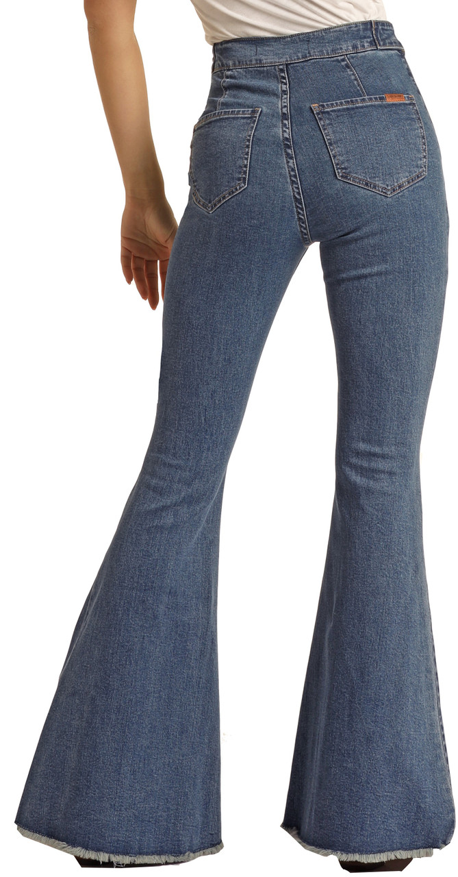 Women's High Rise Extra Stretch Double Button Bell Bottom Jeans | Rock ...