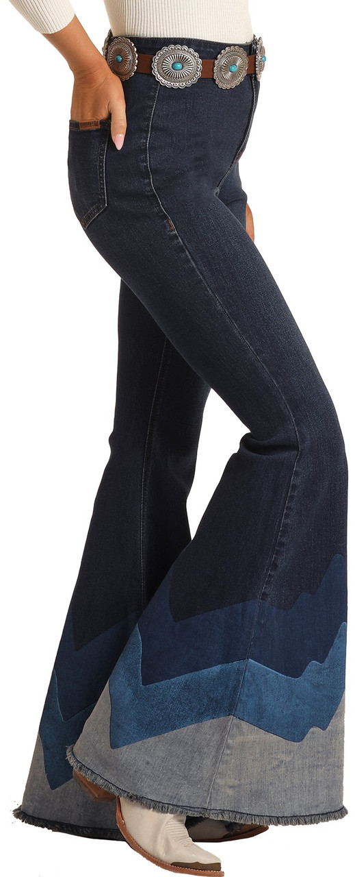Women's High Rise Bell Bottom Jeans - Button Front Closure / 4 Pockets /  Navy Blue