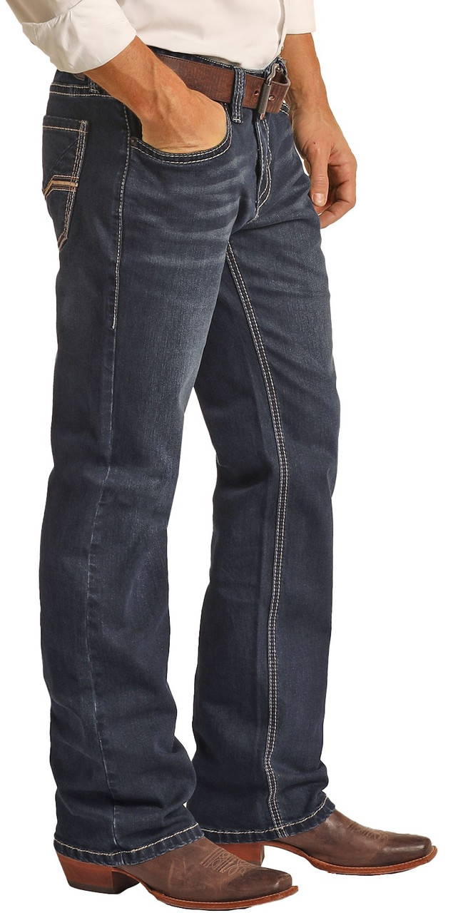 Men's Regular Fit Stretch Leather V Pocket Straight Bootcut Jeans