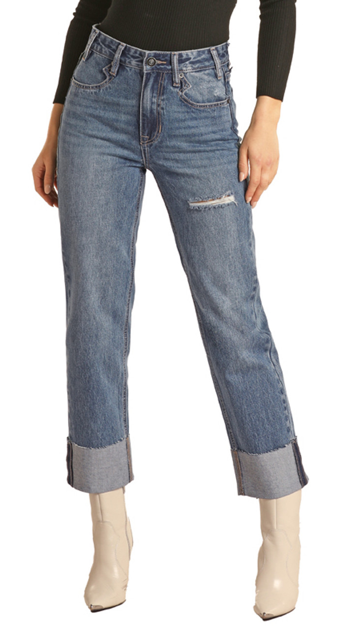 Straight Cropped High Rise Cuffed Jeans