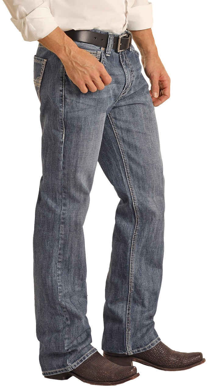 Relaxed Fit Two Tone Medium Wash Straight Bootcut Jeans